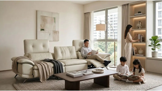 Family relaxing in a refreshed Singapore living room with cream sofa, wooden coffee table, and built-in shelving