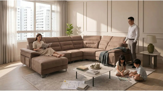 Family living room with L-shaped sofa, clear natural light path, and children playing on a rug near bright windows