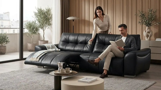 Black sectional sofa in a spacious living room showing a balanced seating layout for a family of four