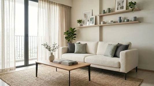 Neutral first-home living room with cream sofa, coffee table, sheer curtains, and open wall shelves in a modern Singapore apartment.
