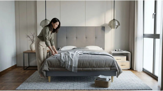 Woman adjusting a fitted bedsheet on a grey upholstered bed to check proper mattress fit