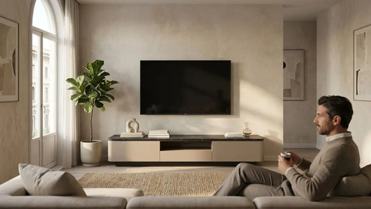 Floor-standing TV console in an Italian-inspired living room showing a wall-mounted TV, marble top storage unit and warm neutral interior styling