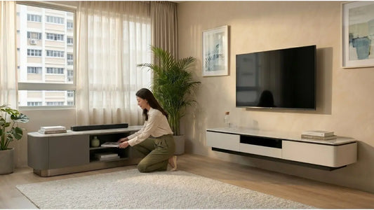 Woman organising a floor-standing TV console beside a floating wall-mounted console in a modern Singapore home
