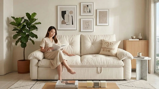 Woman reading on a cream fabric sofa in a bright HDB living room, showing how foam density affects long-lasting sofa comfort and support