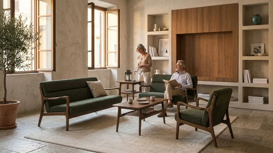 Modern four-room BTO living room with green wooden sofa set, armchair, coffee table, side table, and TV feature wall