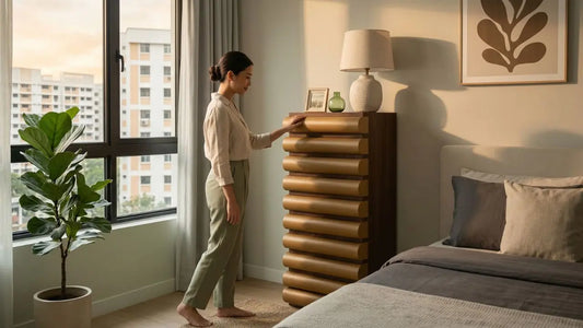 Woman arranging a freestanding chest of drawers in a modern Singapore bedroom beside a bed and large HDB-style window