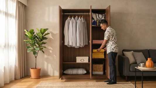 Man organising folded clothes in a freestanding wooden wardrobe for flexible storage in a Singapore home