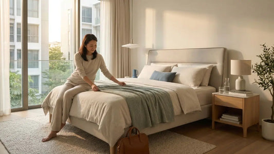 Woman arranging bedding in a calm Singapore condo bedroom with an upholstered bed frame, warm wood bedside table, and soft natural light.