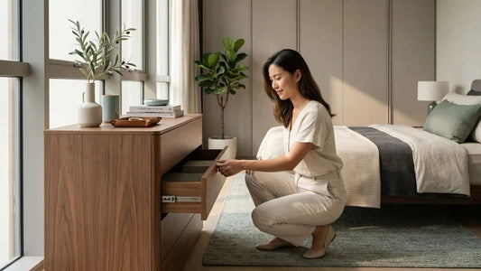 Woman checking a full-extension drawer runner on a wooden bedroom drawer unit beside a bed