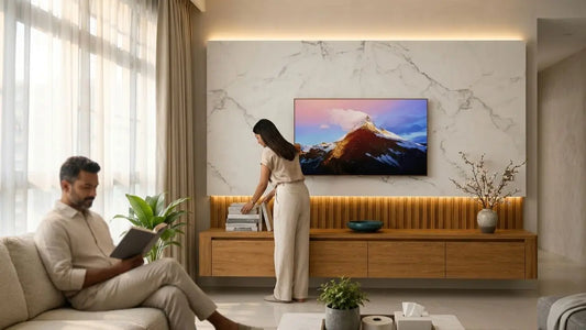 Five-room HDB living room with custom TV feature wall, wood console, sofa, and natural light