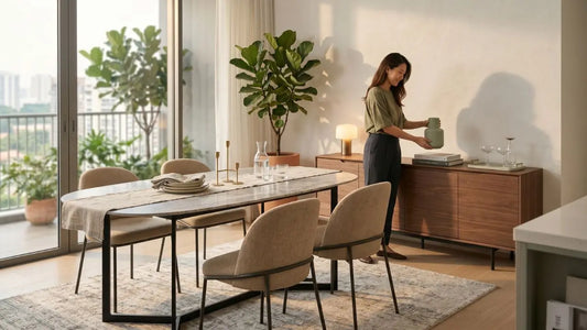 Woman styling a sideboard beside a dining table in a warm Singapore home prepared for entertaining guests.