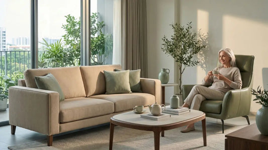 Older woman seated in a supportive armchair beside a sofa in a bright Singapore living room, showing furniture suitable for a home with older parents.