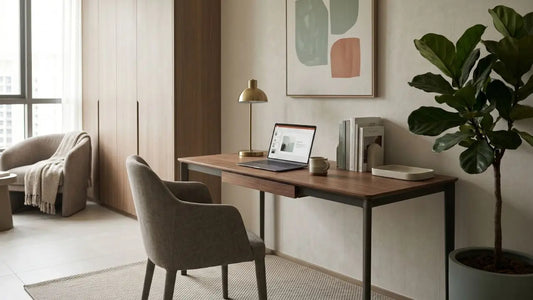 Warm wood work-from-home desk with grey upholstered chair, brass lamp, books and indoor plant in a compact Singapore HDB living space
