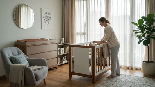 Calm newborn nursery in a Singapore home with a cot, chest of drawers, armchair, and parent arranging bedding