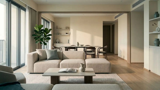 Open-plan Singapore home with sofa, coffee table, and dining set arranged in a calm sequence after key collection