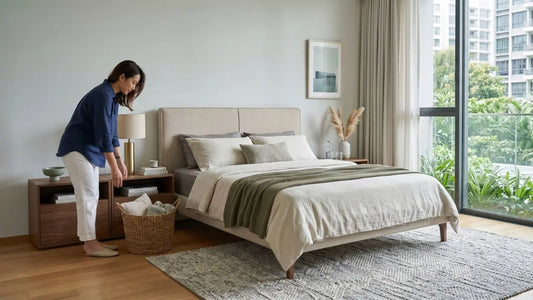 Woman arranging bedside storage beside an upholstered bed in a bright Singapore condo bedroom with warm wood furniture.