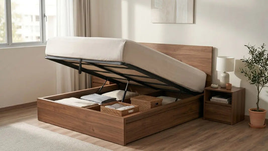 Wooden gas-lift storage bed opened to show the under-bed storage cavity in a modern Singapore bedroom.