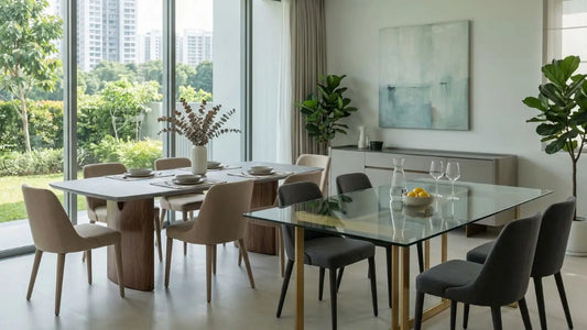 Glass and sintered stone dining tables compared in a bright Singapore dining room with warm wood flooring and modern dining chairs.