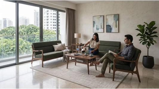 Couple relaxing with green wooden-frame sofa and armchair in a bright Singapore condo living room.