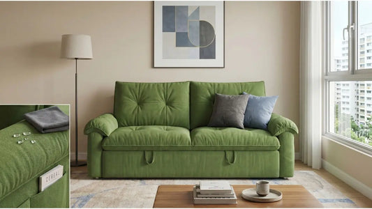 Green performance fabric sofa with water-repellent upholstery detail in a bright Singapore living room.
