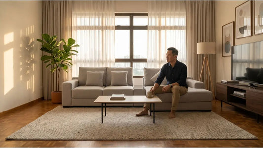 Man relaxing on grey chaise sofa in a resale flat living room with parquet floor and warm natural light