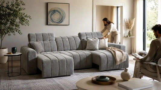 Grey fabric sectional sofa in an Italian-inspired living room with cushions being arranged between deep cleans