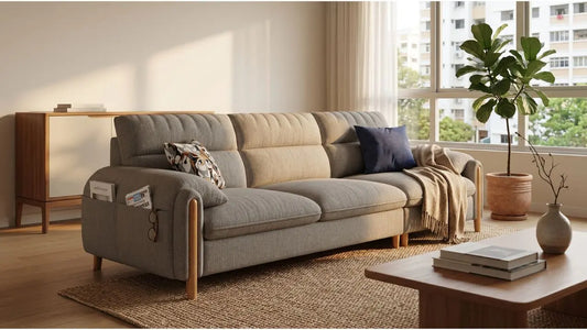 rey fabric sofa with exposed timber details, wood coffee table, woven rug, and warm natural materials.