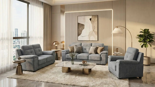Grey fabric sofa set showing upright and lounging comfort in a spacious modern living room