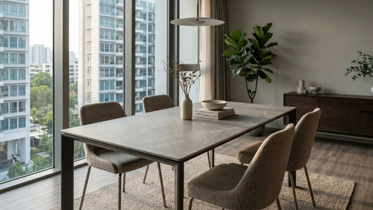 Grey sintered stone dining table beside full-height condo windows with upholstered dining chairs and city views