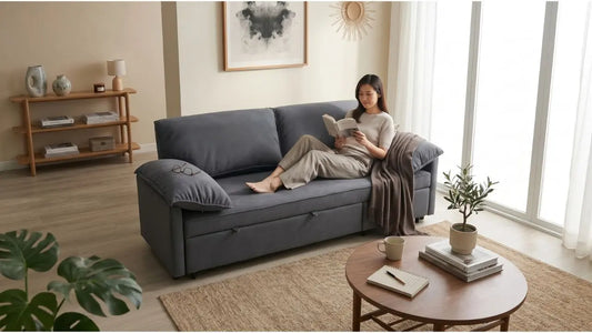 Woman relaxing on a grey sofa in a bright renovated living room with coffee table, rug, and open shelving