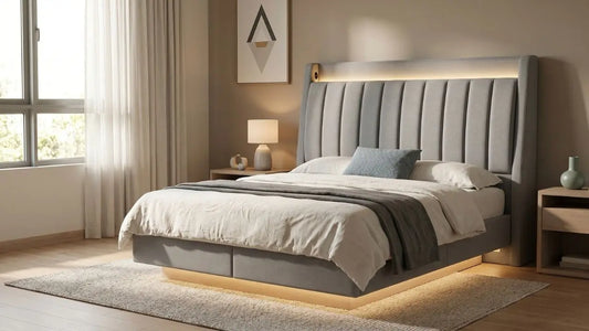 Grey upholstered headboard anchoring a modern Singapore bedroom with warm lighting and soft neutral bedding