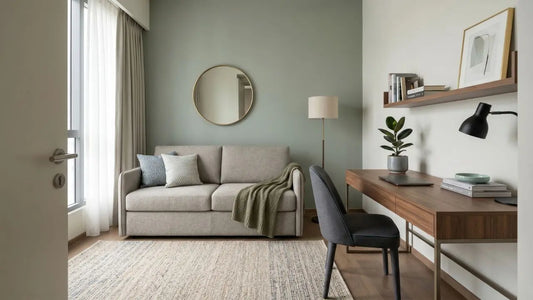 Guest room study with beige sofa bed, wooden study desk, upholstered chair, wall shelf, desk lamp, and soft green accent wall.