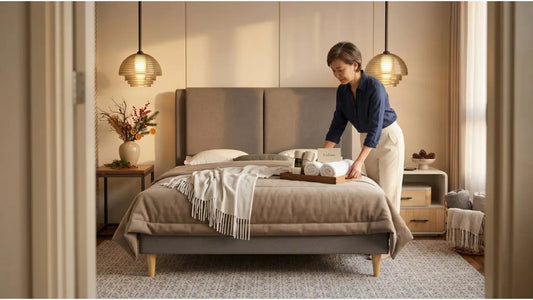 Woman placing towels and welcome tray on a guest bed before holiday visitors arrive