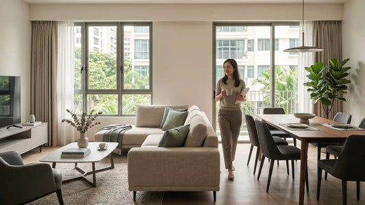 Combined HDB-style living and dining room with sofa back defining the living zone and dining table beside large windows