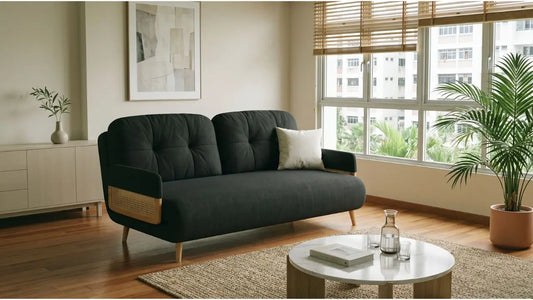 Modern HDB living room with dark sofa, cane side panels and indoor plant near shaded windows