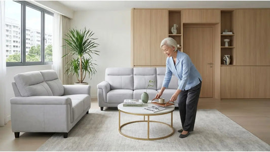 Grey sofa set in an HDB living room with storage wall, clear floor space, rug, and round coffee table.