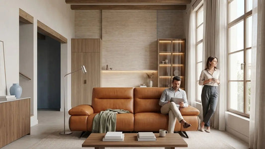 High-ceiling living room with a tan leather sofa, tall curtains, natural light, and Italian-inspired furniture styling for a Singapore home