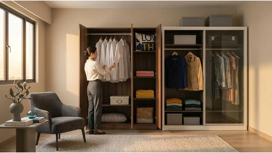 Woman organising hinged and sliding wardrobes in a compact bedroom, comparing full access and space-saving doors