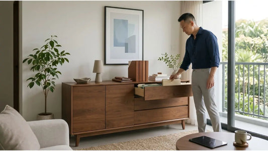 Home office file storage cabinet with open drawer, folders, and stationery near balcony light