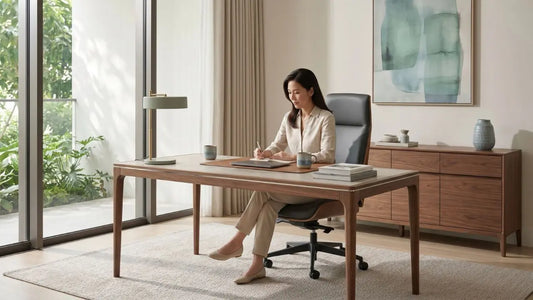 Professional woman working at a wooden home office desk with an executive chair and storage cabinet in a bright Singapore apartment.