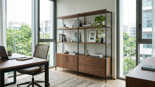 Wood and black metal open bookshelf with lower cabinets beside a study desk in a bright Singapore home study.