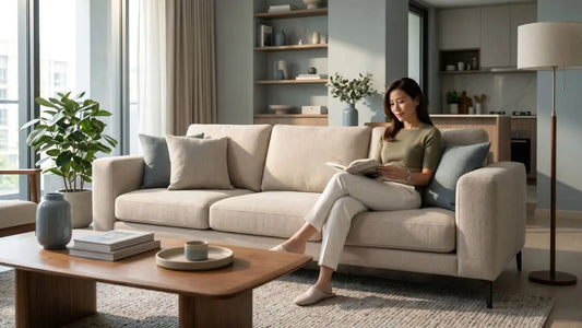 Woman reading on a beige fabric sofa in a bright Singapore living room with coffee table, plants, and soft natural light.