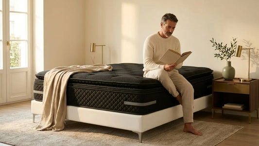 Man sitting on a black mattress in a bright bedroom, showing how often to rotate or flip a mattress