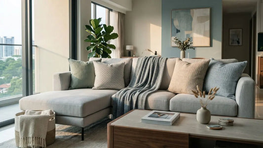 Cushion covers and a knitted throw arranged on a light fabric sofa in a Singapore living room