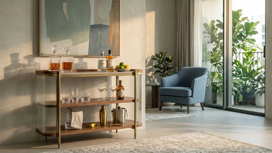 Bar cart with bottles, glassware, and cocktail accessories in a warm Singapore living room