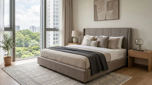 Grey upholstered bed frame in a modern Singapore master bedroom with bedside tables and city view