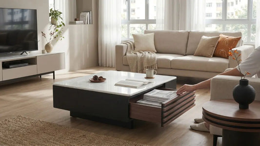 Modern Singapore living room with a marble-top coffee table, beige sofa, TV console, and warm natural daylight