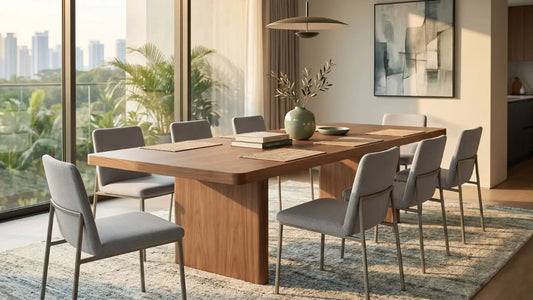 Large wooden dining table seating eight in a bright Singapore condo dining room with upholstered chairs and pendant lighting