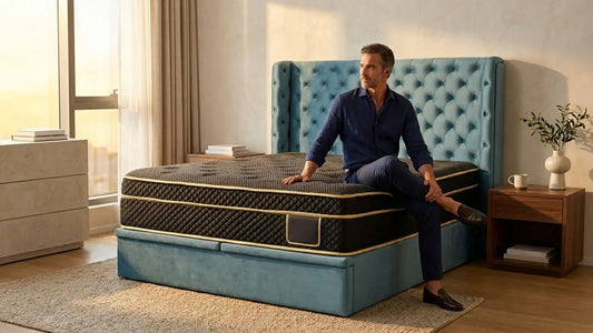 Man sitting on an adjustable bed with a quilted mattress, showing how to choose a mattress for an adjustable bed.