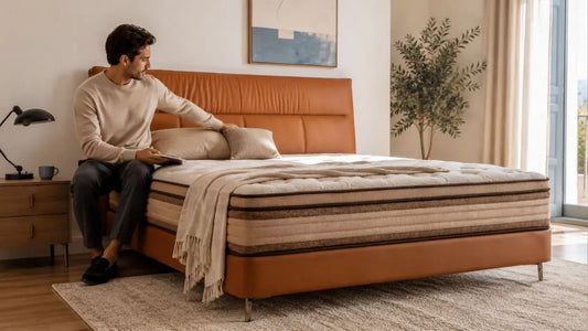 Italian-inspired bedroom with supportive mattress and tan upholstered bed for better back comfort